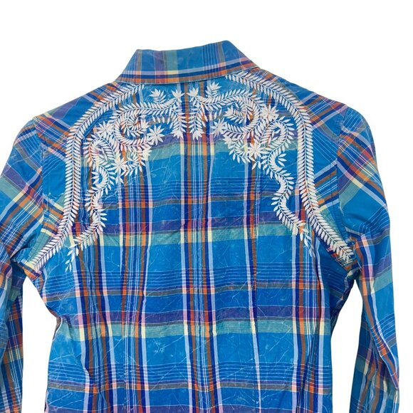 Rock & Roll Cowgirl Blue Plaid Western Snap Button Fitted Shirt SZ M Embroidere - Picture 8 of 13